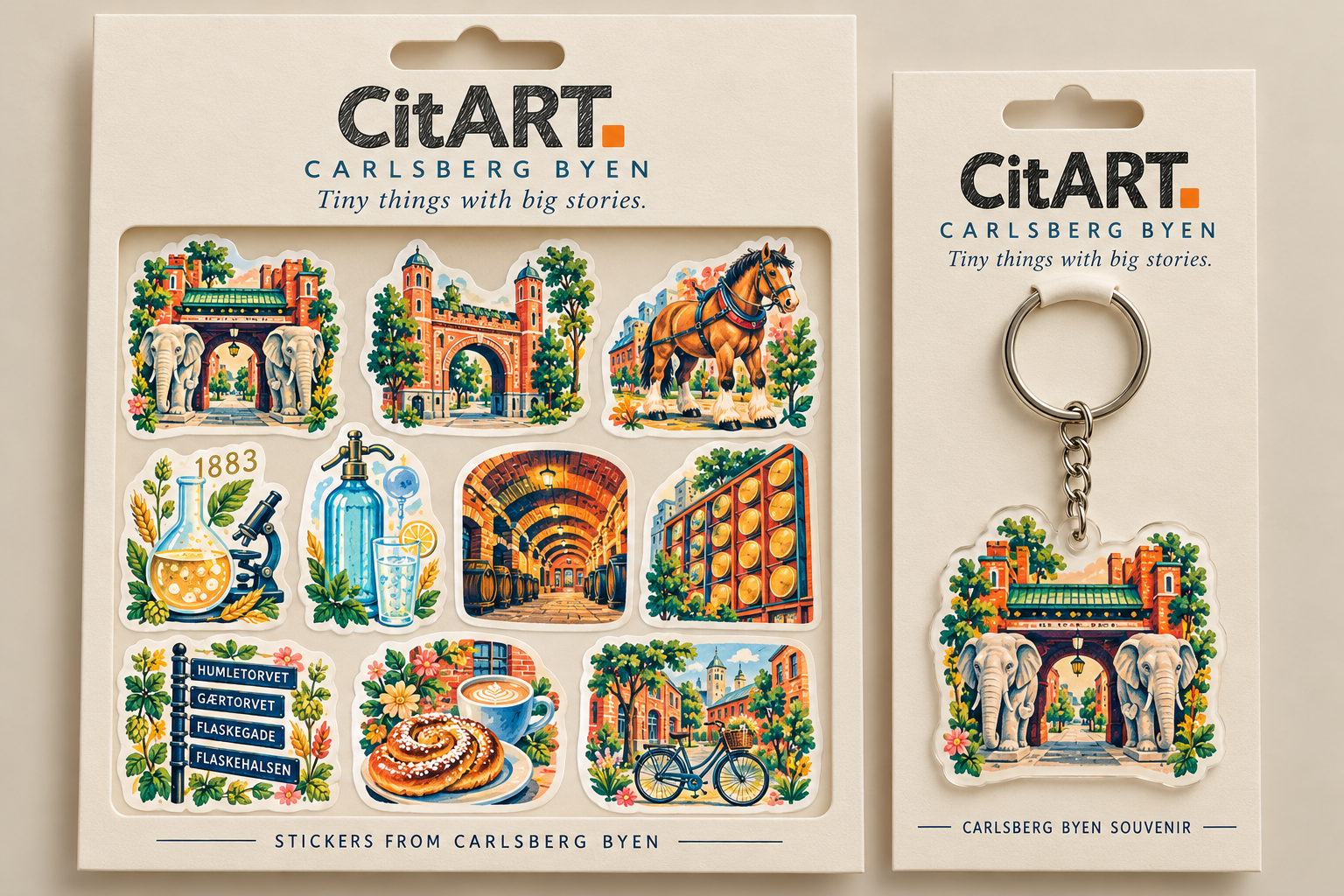 Carlsberg Byen souvenir collection concept: sticker sheet and keychain card
