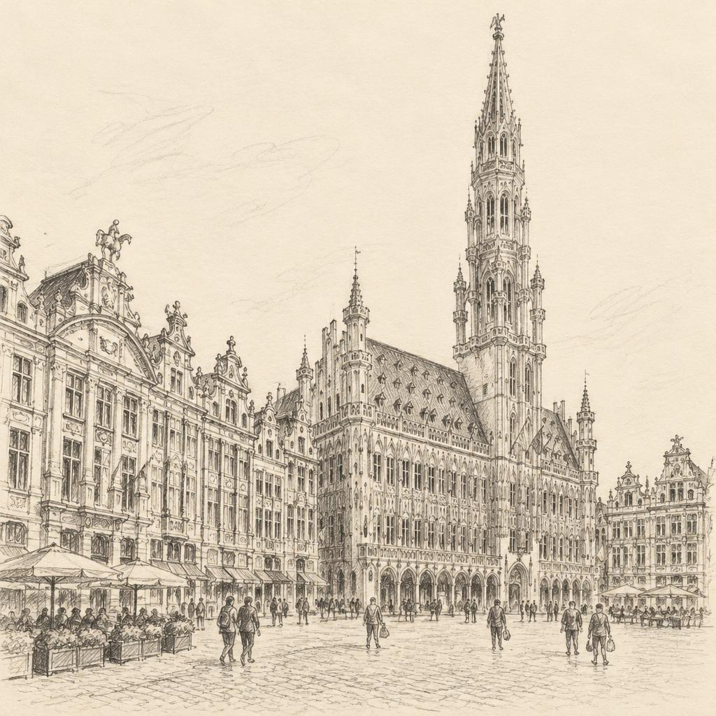 Pencil sketch of the Grand Place, Brussels