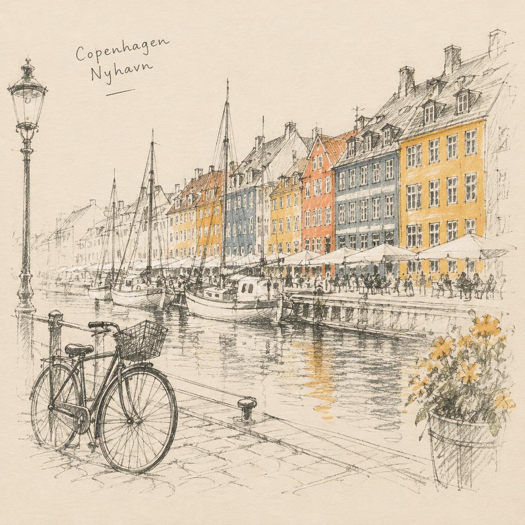 Pencil sketch of Nyhavn, Copenhagen