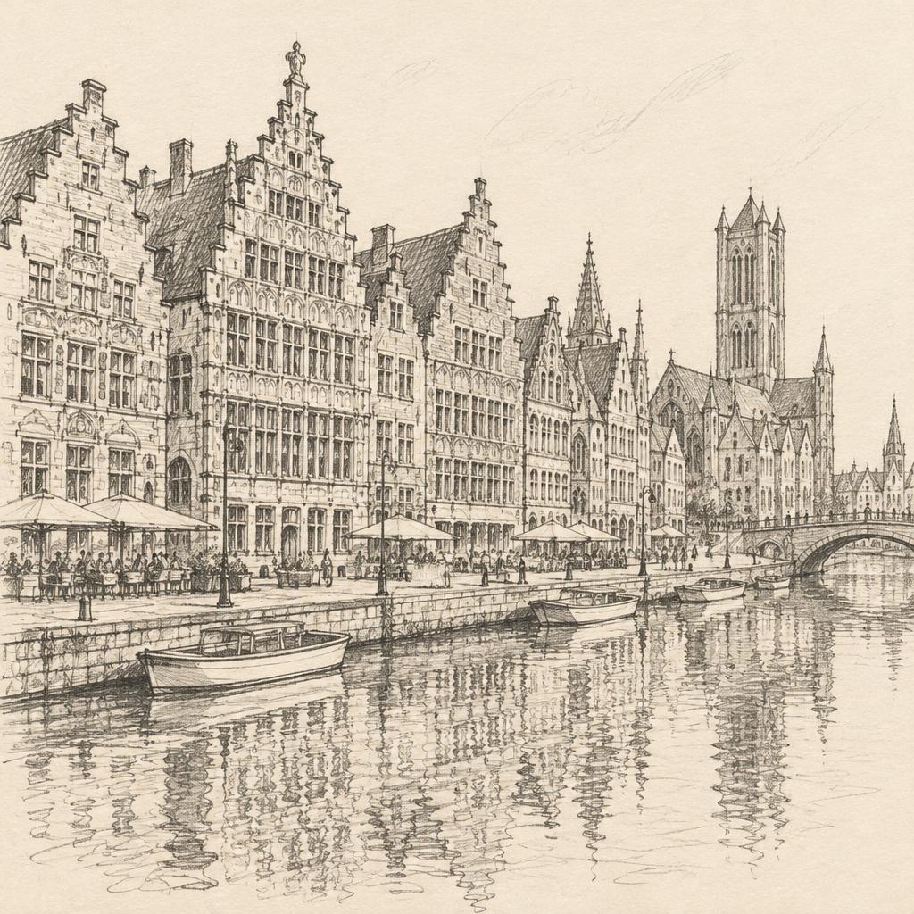 Pencil sketch of the Graslei canal, Ghent