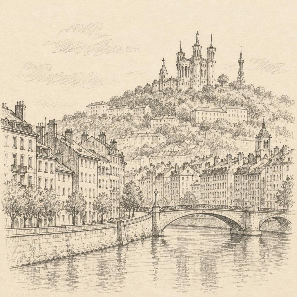 Pencil sketch of Fourviere hill, Lyon